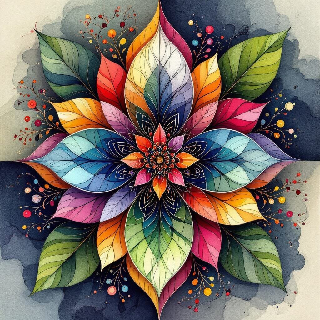 Bophiliac geometry,  Intricately detailed alcohol ink illustration,  Blended botanical shapes with crisp lines and bold ...