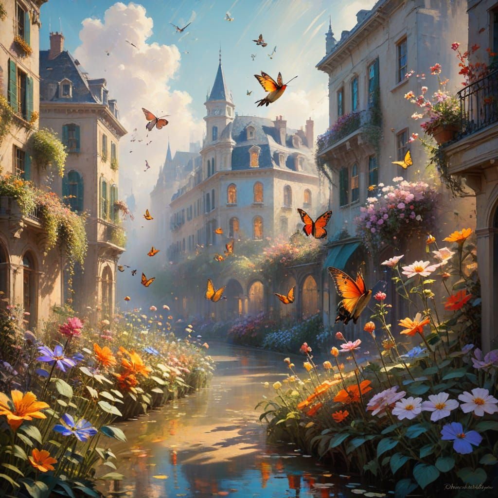 Vibrant Floral Cityscape in Impressionist Style