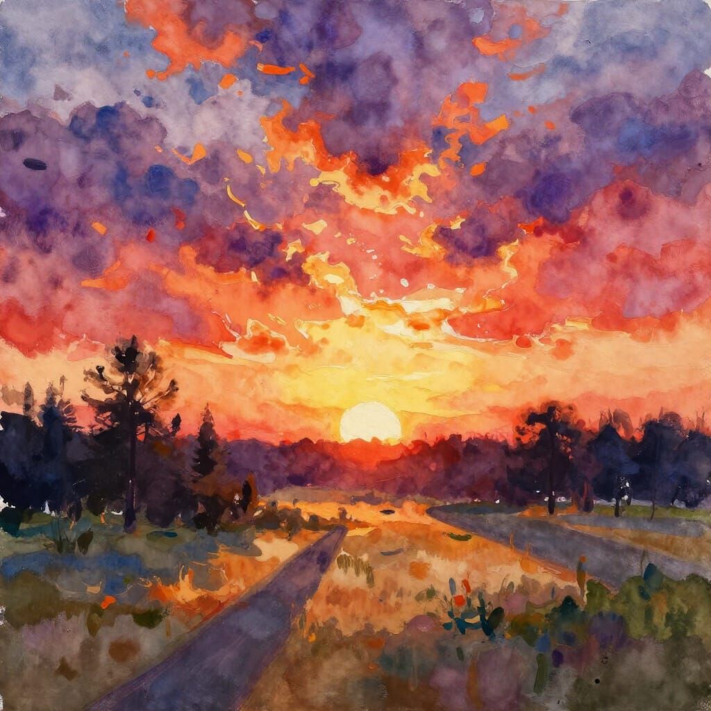 Vibrant Watercolor Sunset Landscape with Expressive Brushstr...