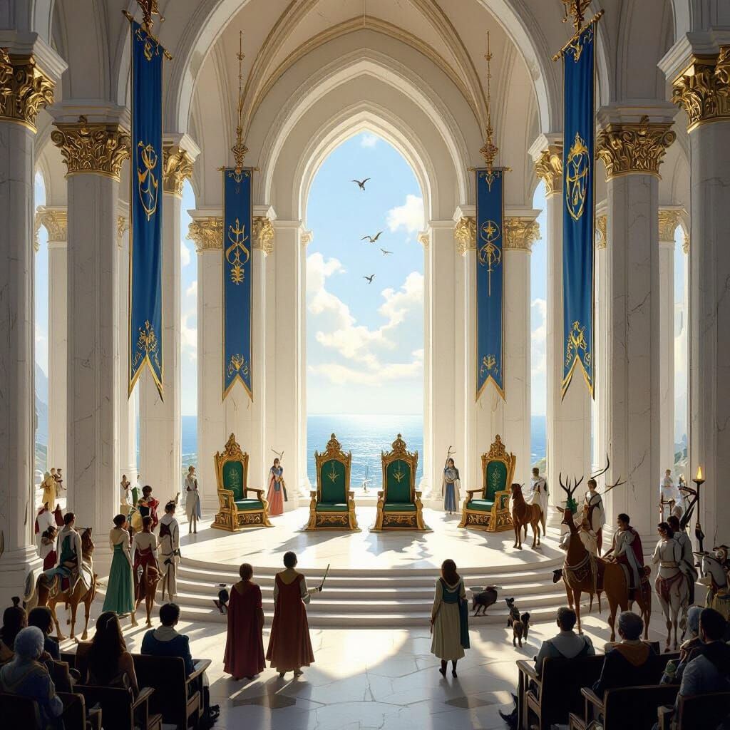 Regal Great Hall with Royal Thrones and Sea Balcony