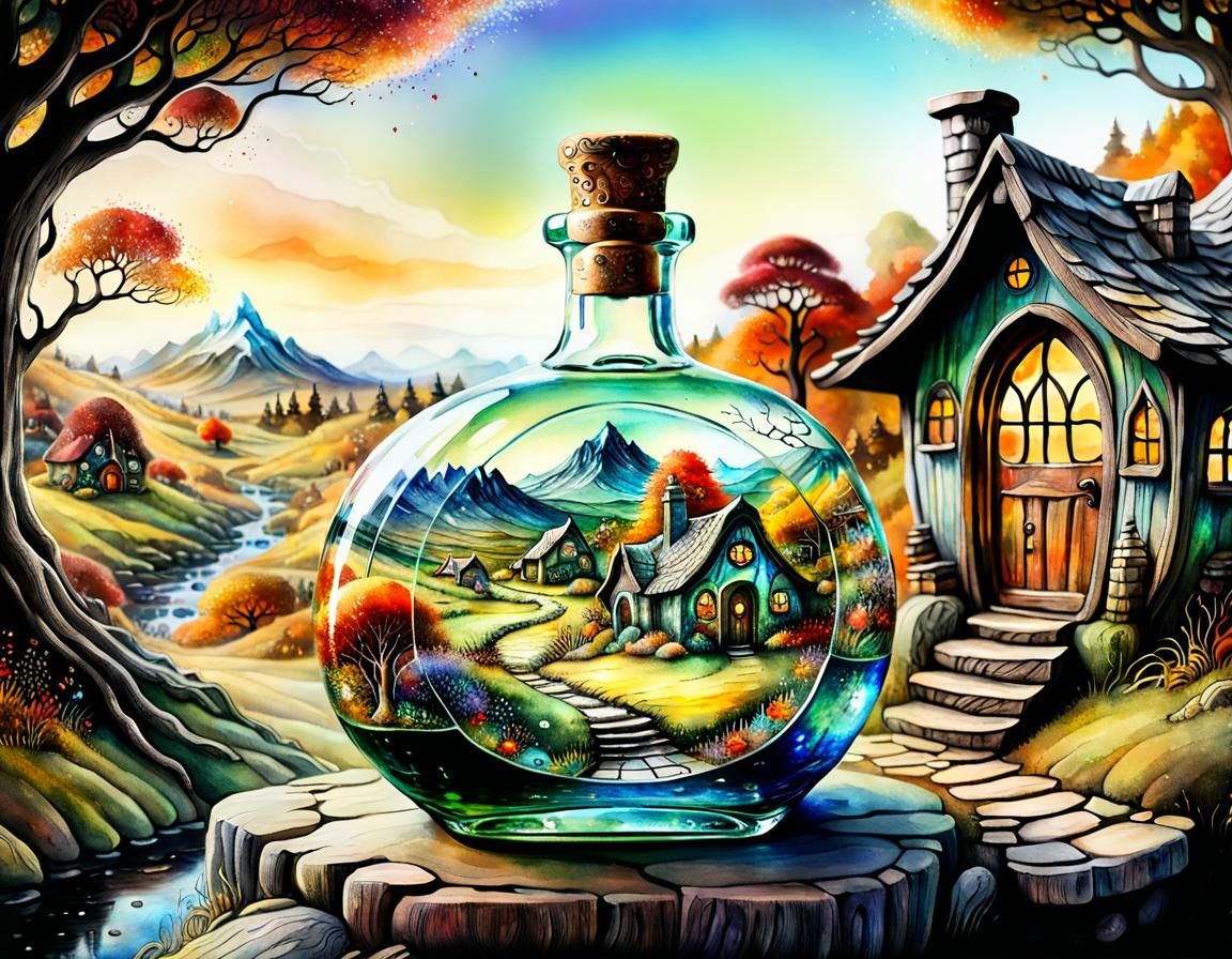 Hobbit Village in Glass Bottle Watercolor Painting