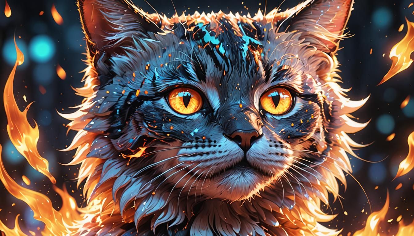 Anime Cat with Fire Eyes in Digital Art
