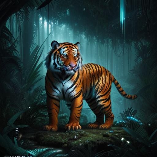 Bioluminescent Tiger in Magical Jungle: Digital Matte Painti...