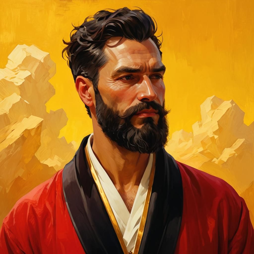 Hirsute Man in Red Bathrobe, Neo-Impressionist Portrait