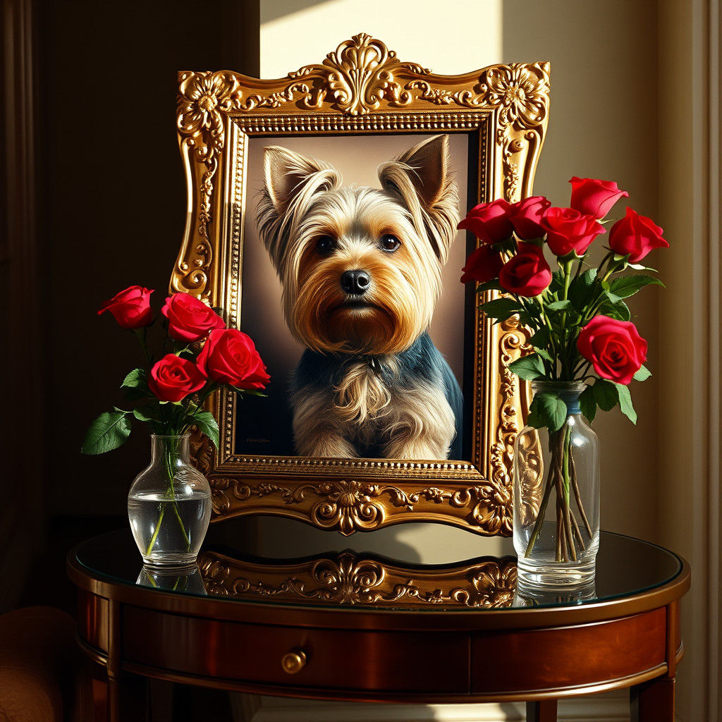 Yorkshire Terrier Portrait in Ornate Golden Frame