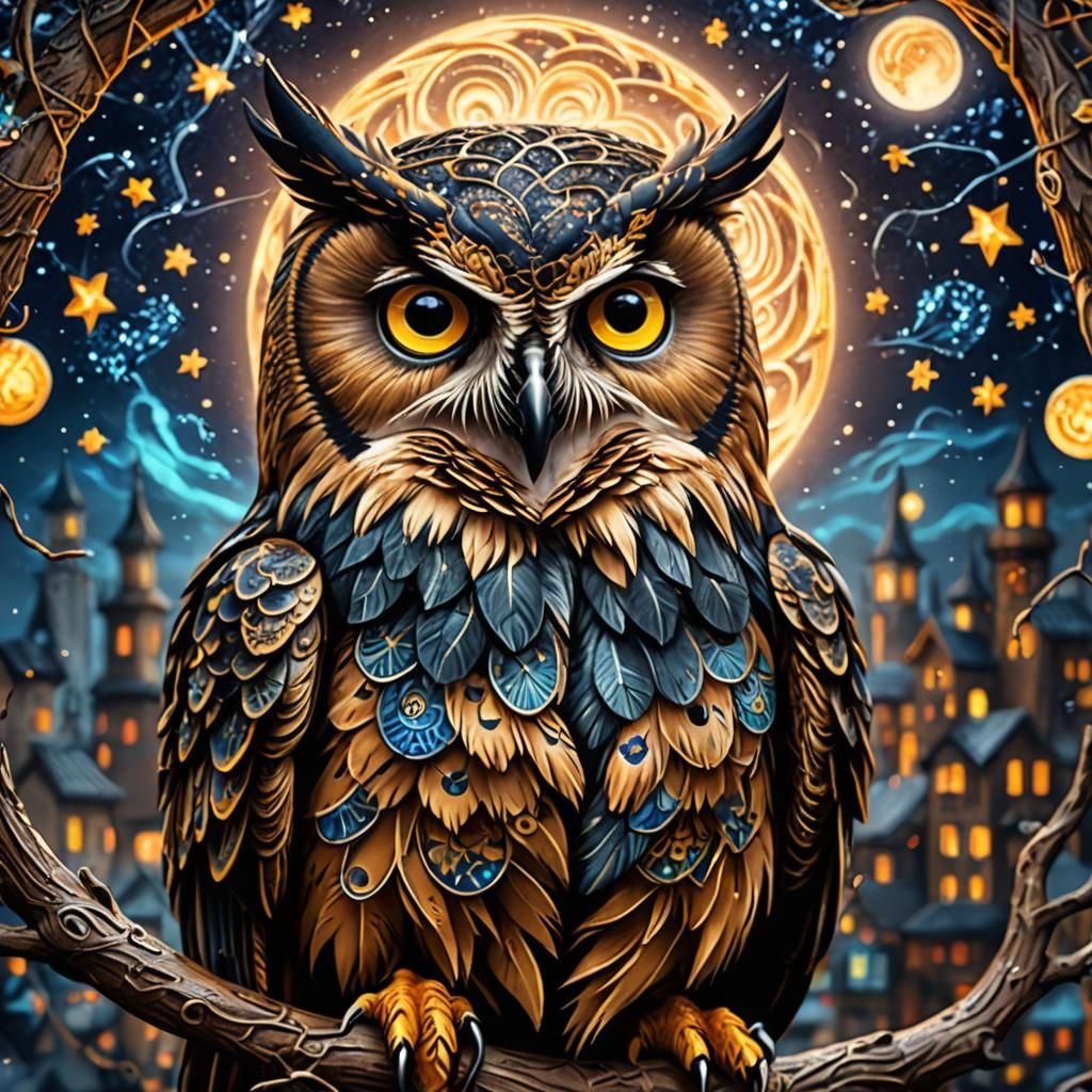Tattooed Owl in Starry Night Wool, 3D Digital Art