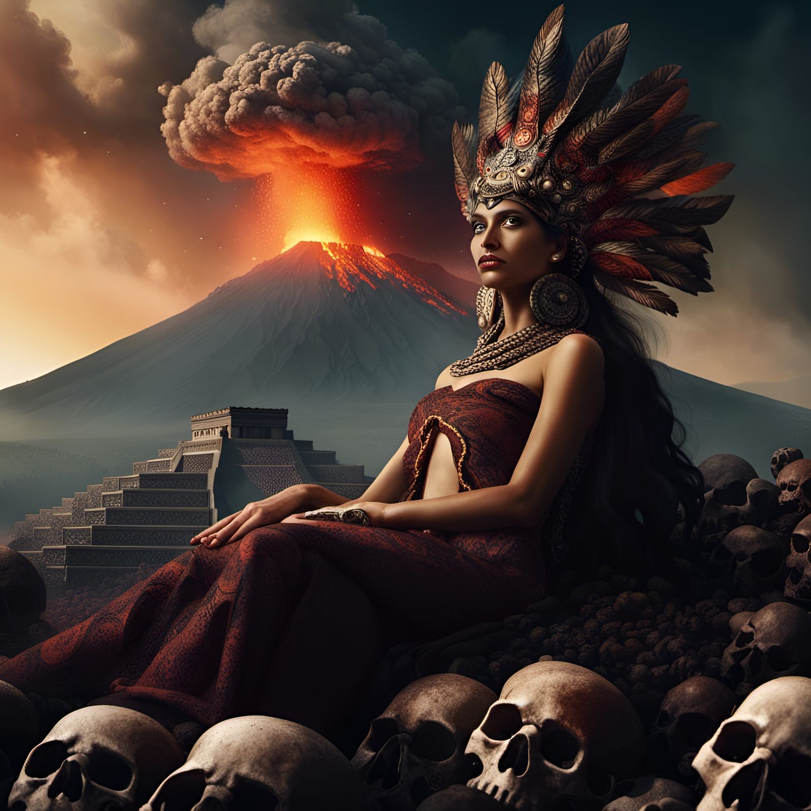 Dead Aztec Princess Lying in Repose in a sea of human skulls Mexico volcano popocatepetl erupting in the background