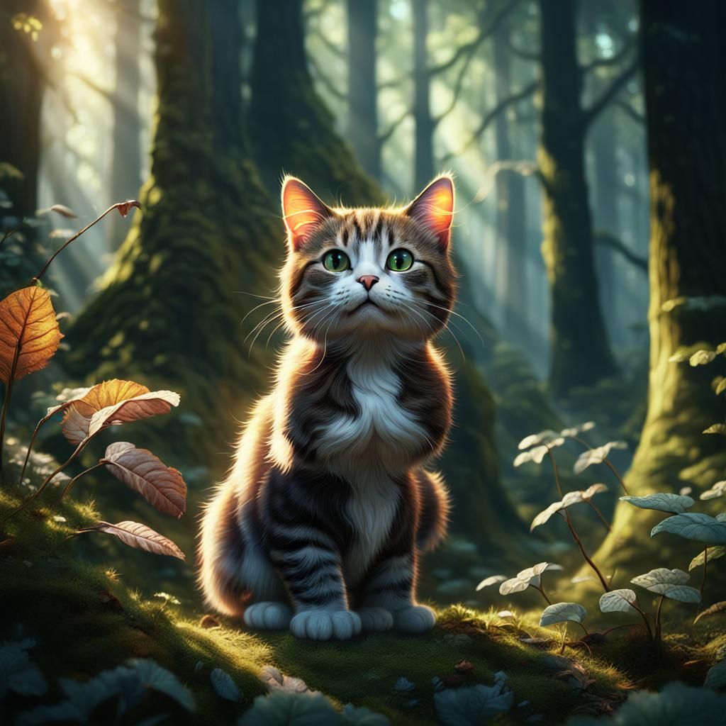 Cute Cat in Sunlit Forest, Detailed Matte Painting
