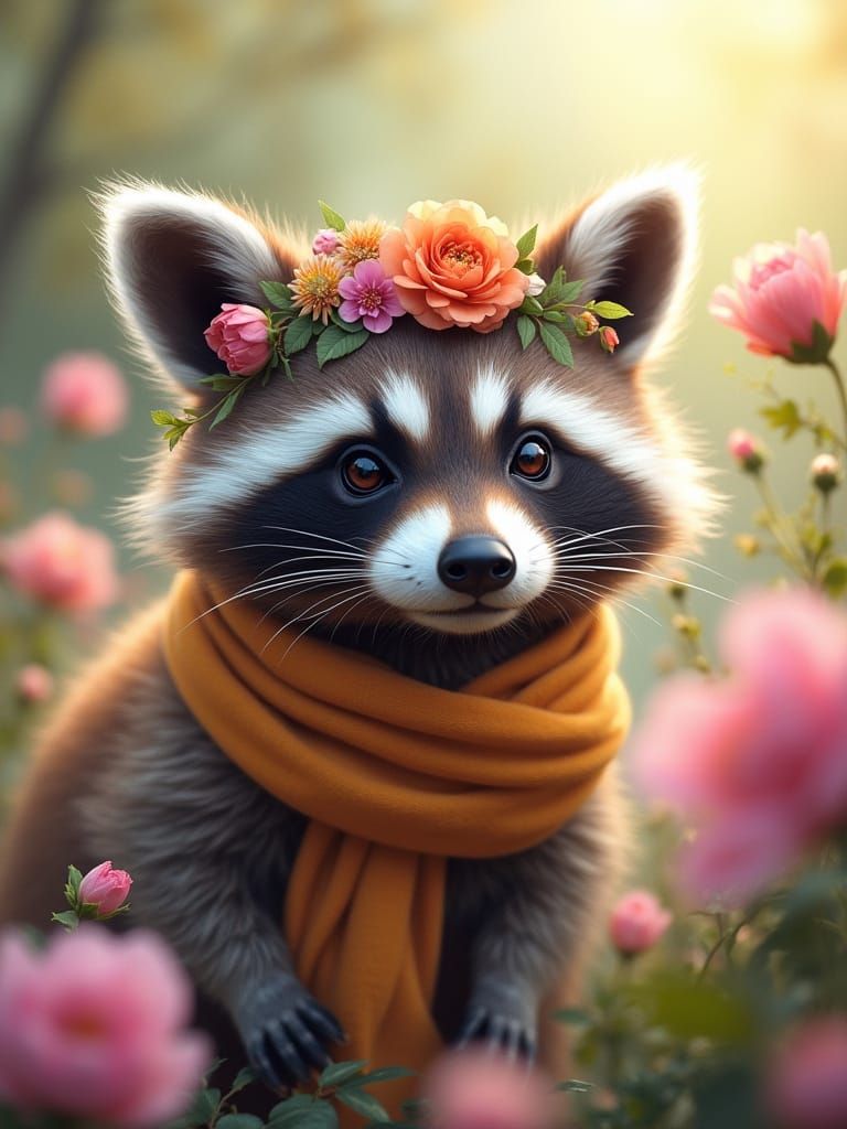 Raccoon in Flower Crown, Whimsical Fantasy Art