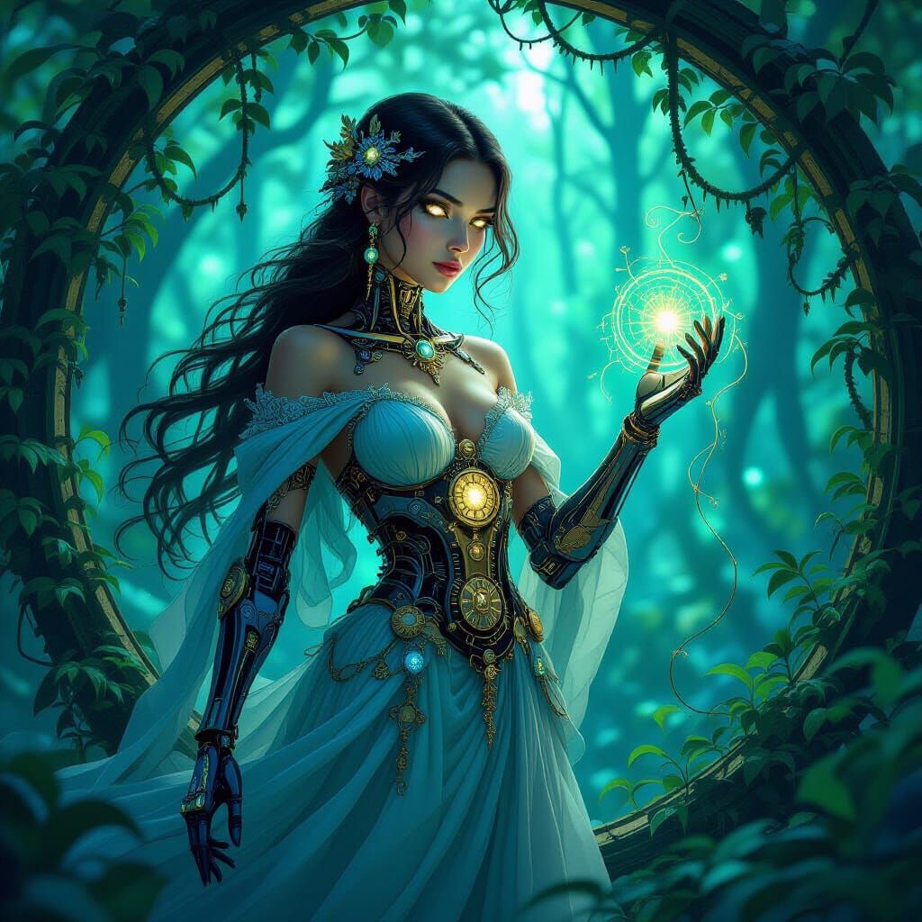 Clockwork Woman in Bioluminescent Forest