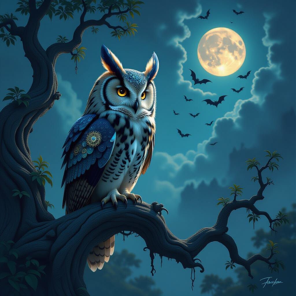 Majestic Clockwork Owl in Ethereal Fantasy Landscape