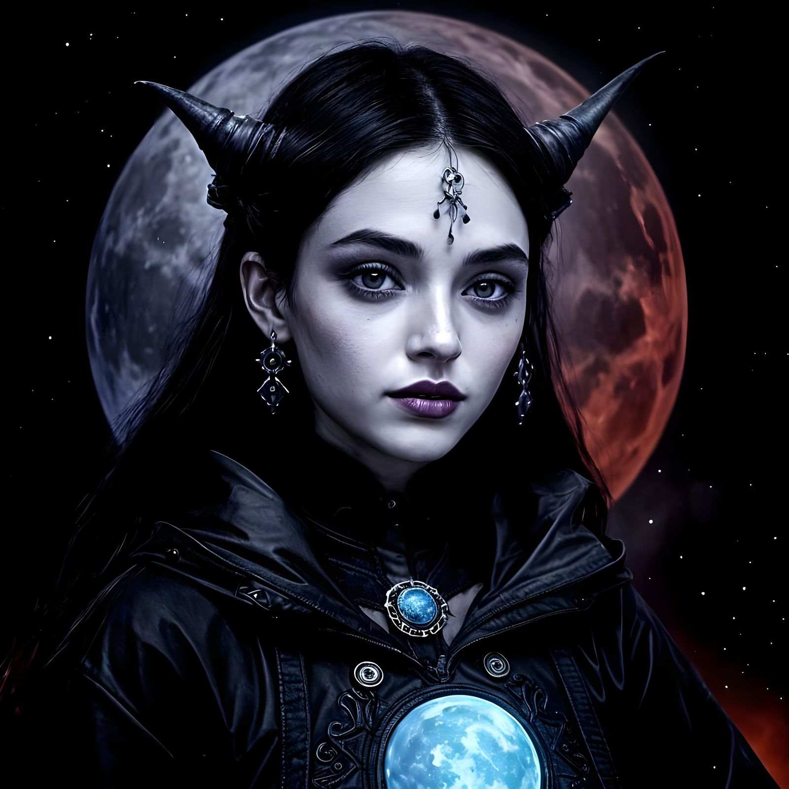 Ethereal Vampire Goddess Admires Neon Moon