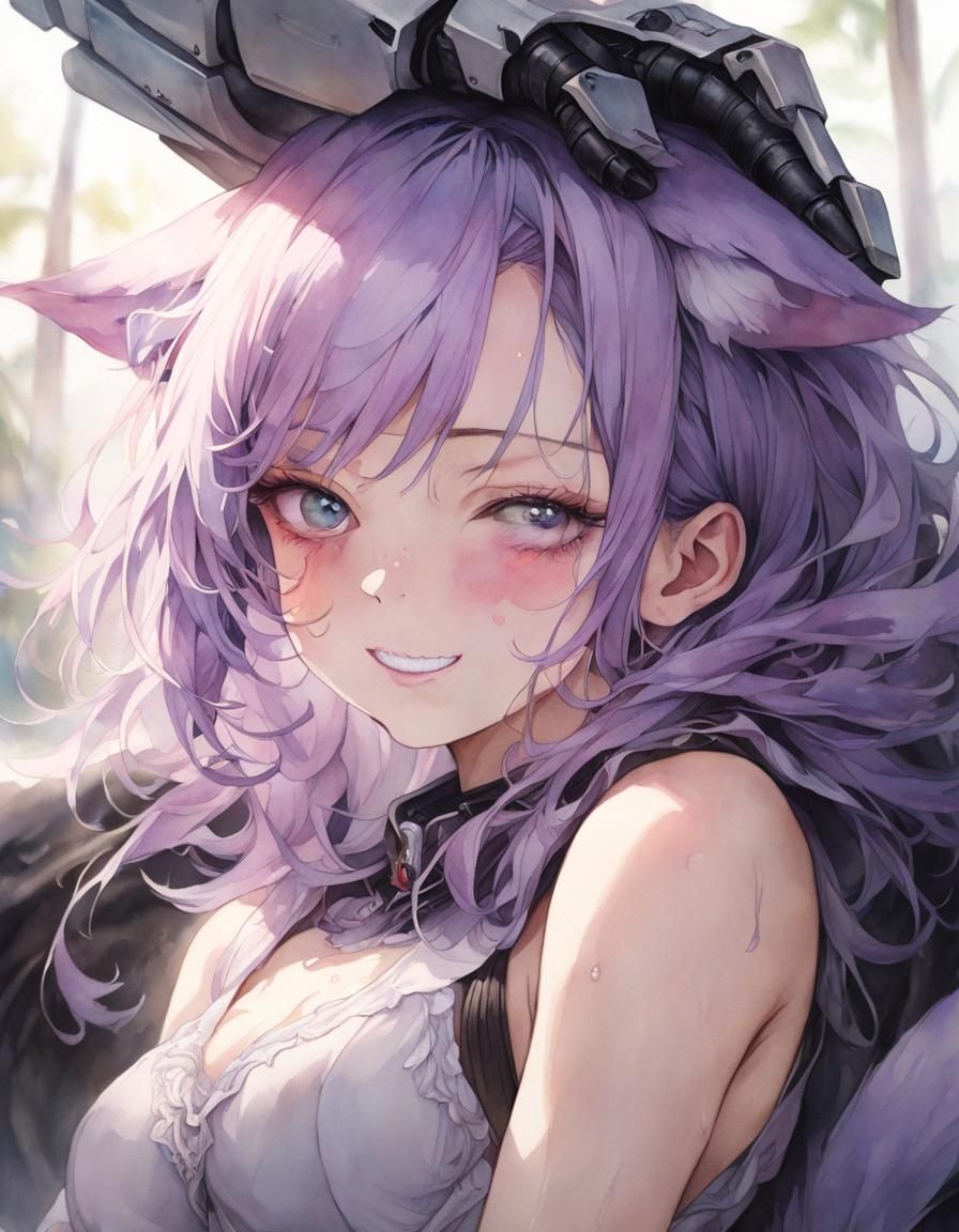 Watercolor Catgirl Assassin with Cybernetic Arm