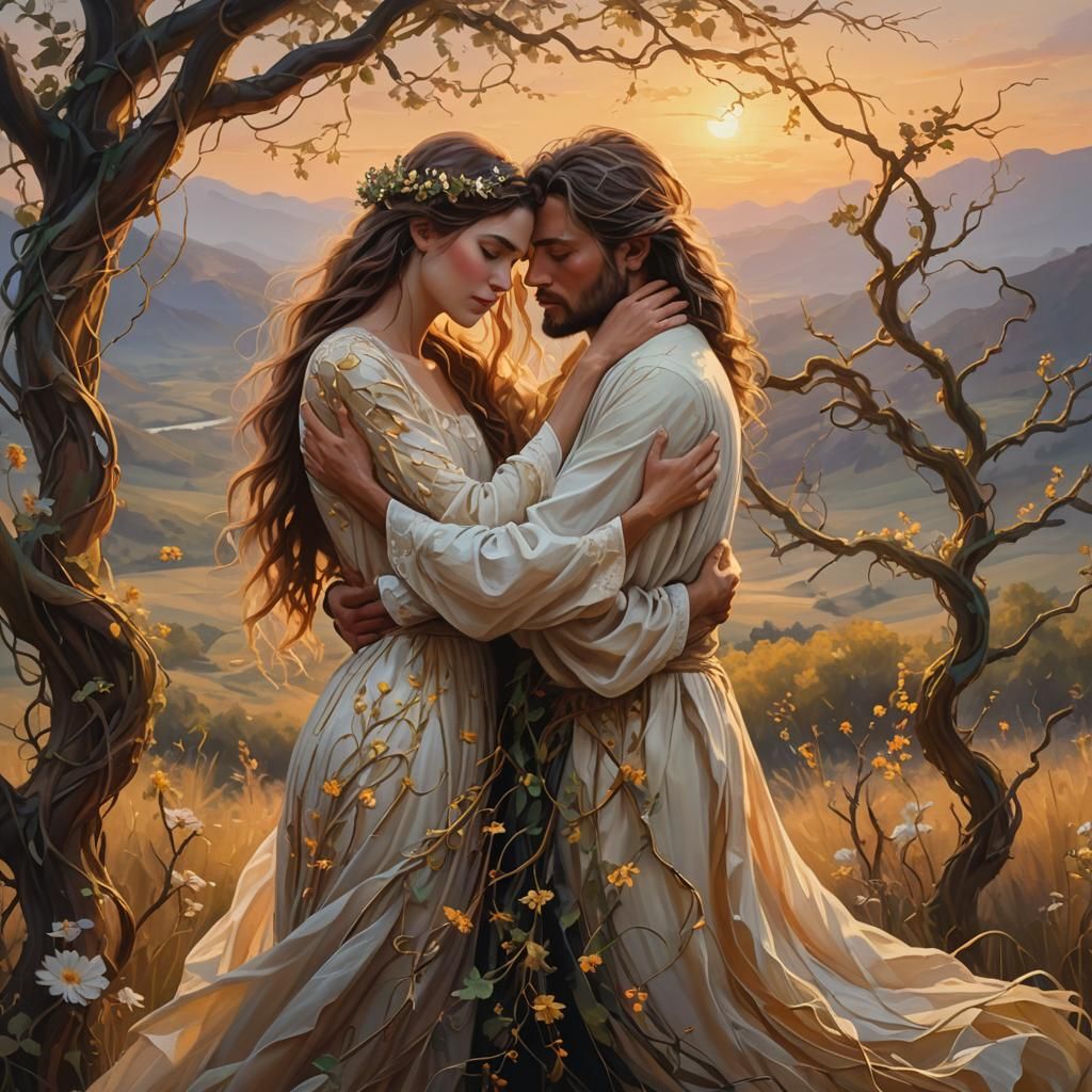 Embracing Couple in Mystical Golden Landscape
