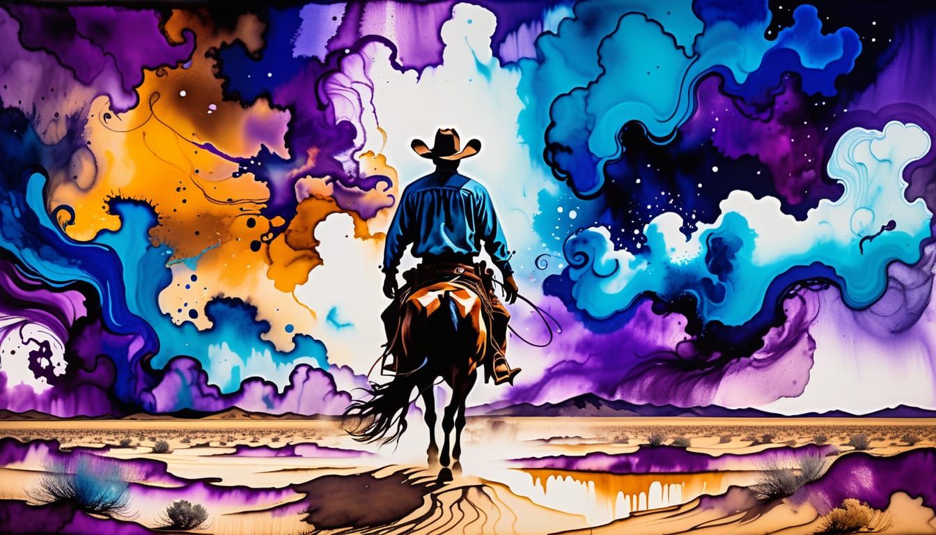 Lone Cowboy Under Nebulae in Abstract Expressionism