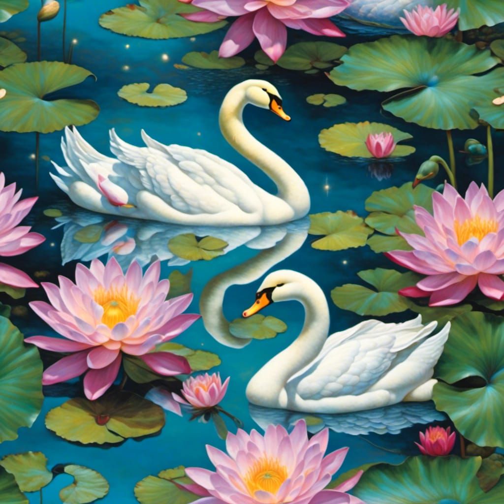 Dreamy Moonlight Garden with Swans and Lily Pads