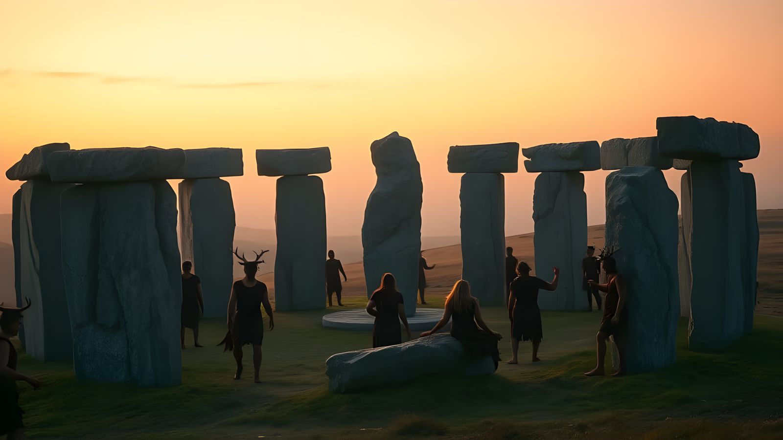 Mystical Stone Circle Sunset with Dancing Figures