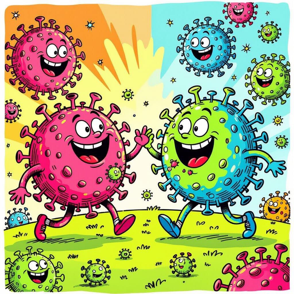 Joyful Cancer Cells Feast in Whimsical Cartoon Style