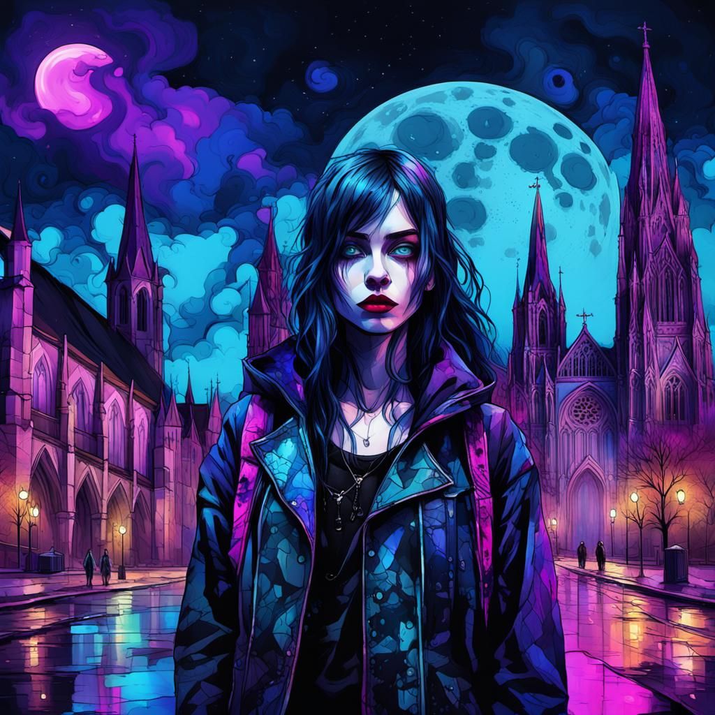 A gothic pour homeless girl wearing gothic clothes standing ...