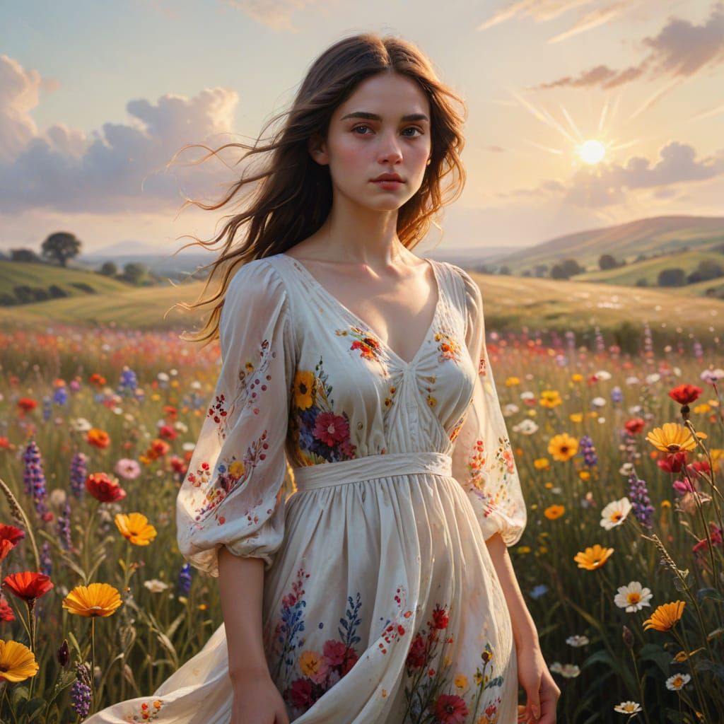 Woman in Flower Field: Oil Painting with Golden Hour Light