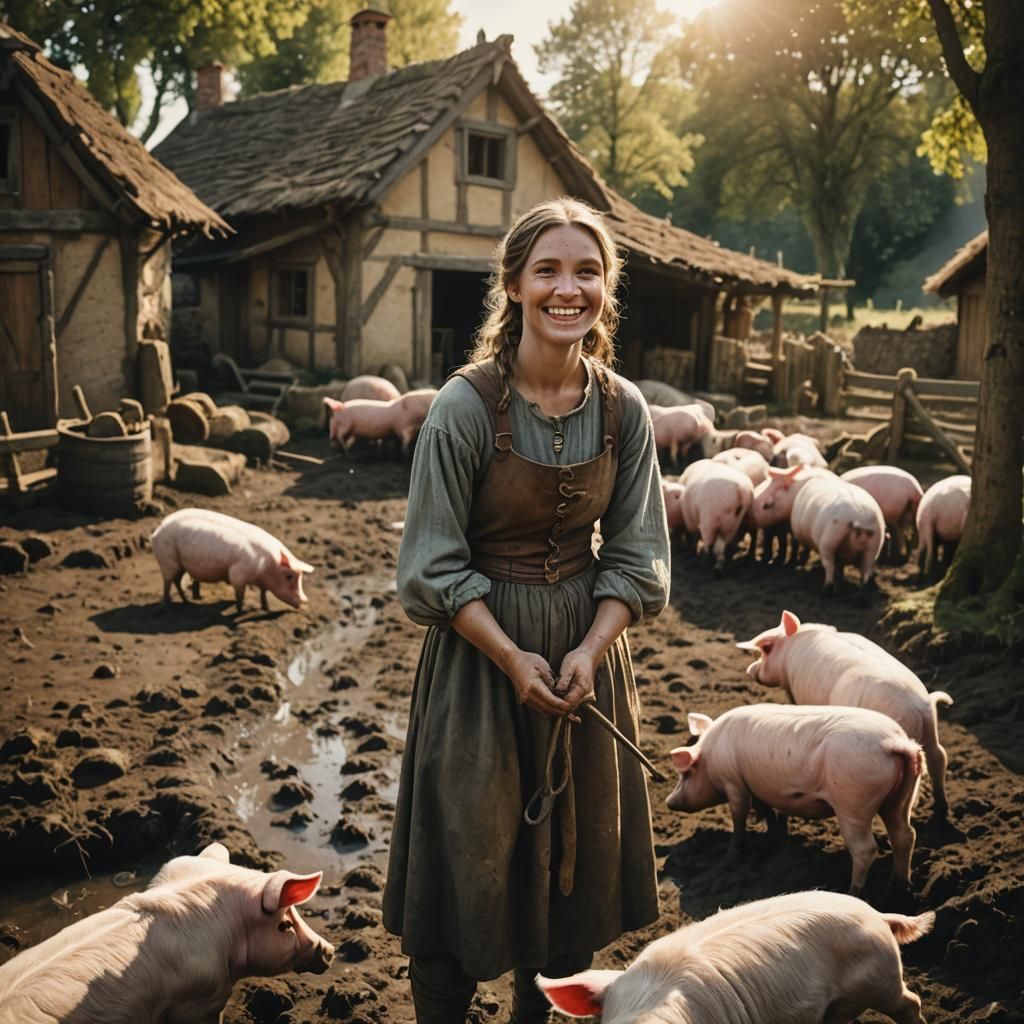 Brown Haired Medieval Peasant Girl Tending to Animals