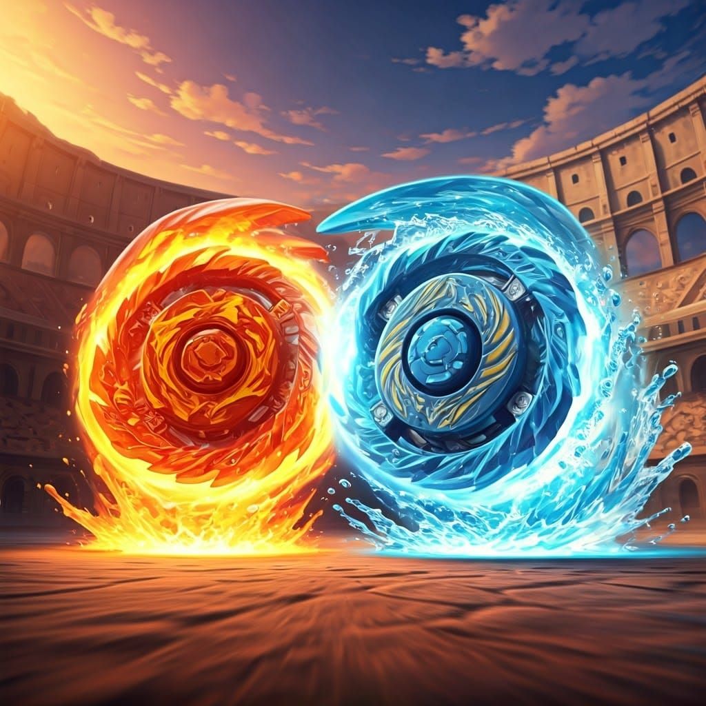 Beyblades Clash in Coliseum Arena with Fiery Energy