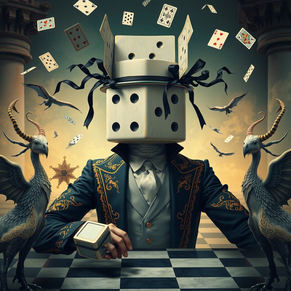 Dice Head Man in Surreal Fantasy World