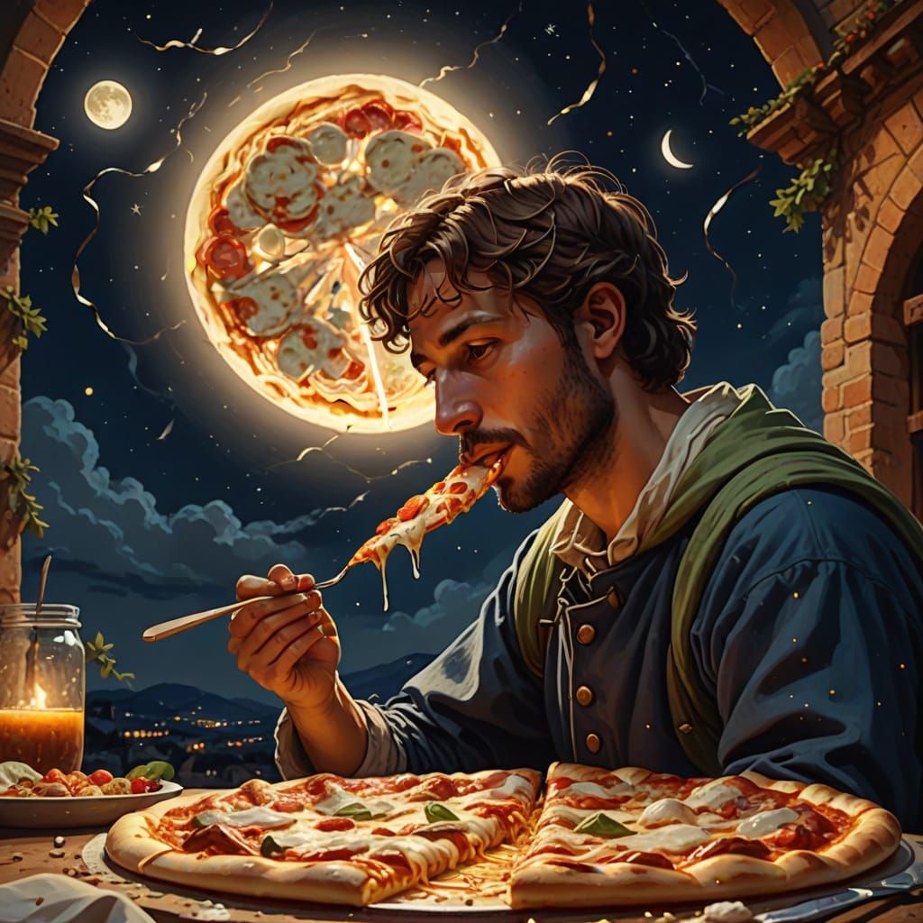 Renaissance Pizza Feast Under Moonlight