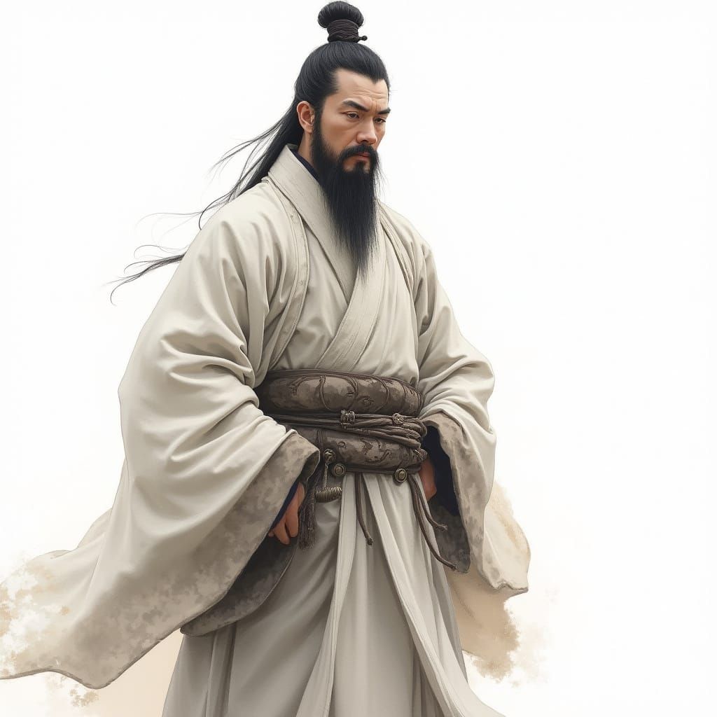 Ancient Chinese Strategist in Elegant Ink Wash Style