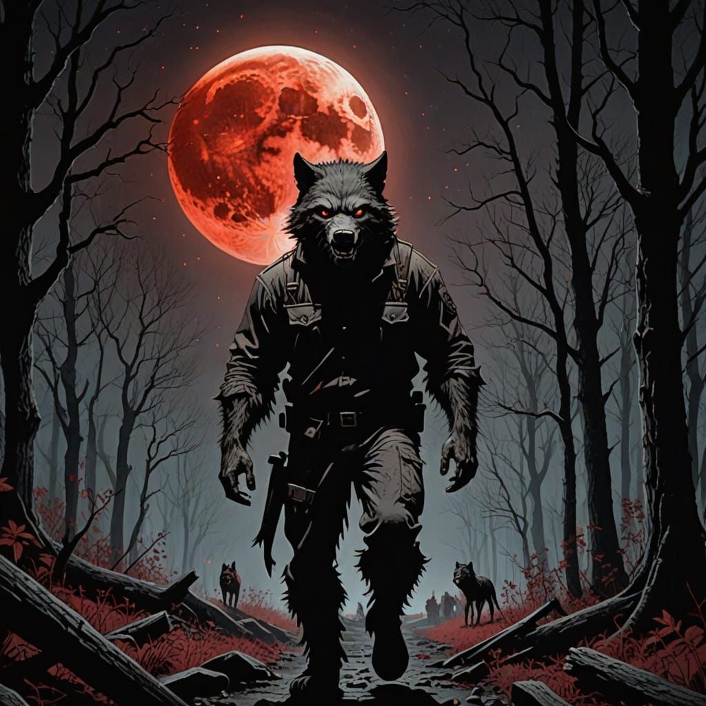 Wolfman in Kentucky Forest Under Blood Moon