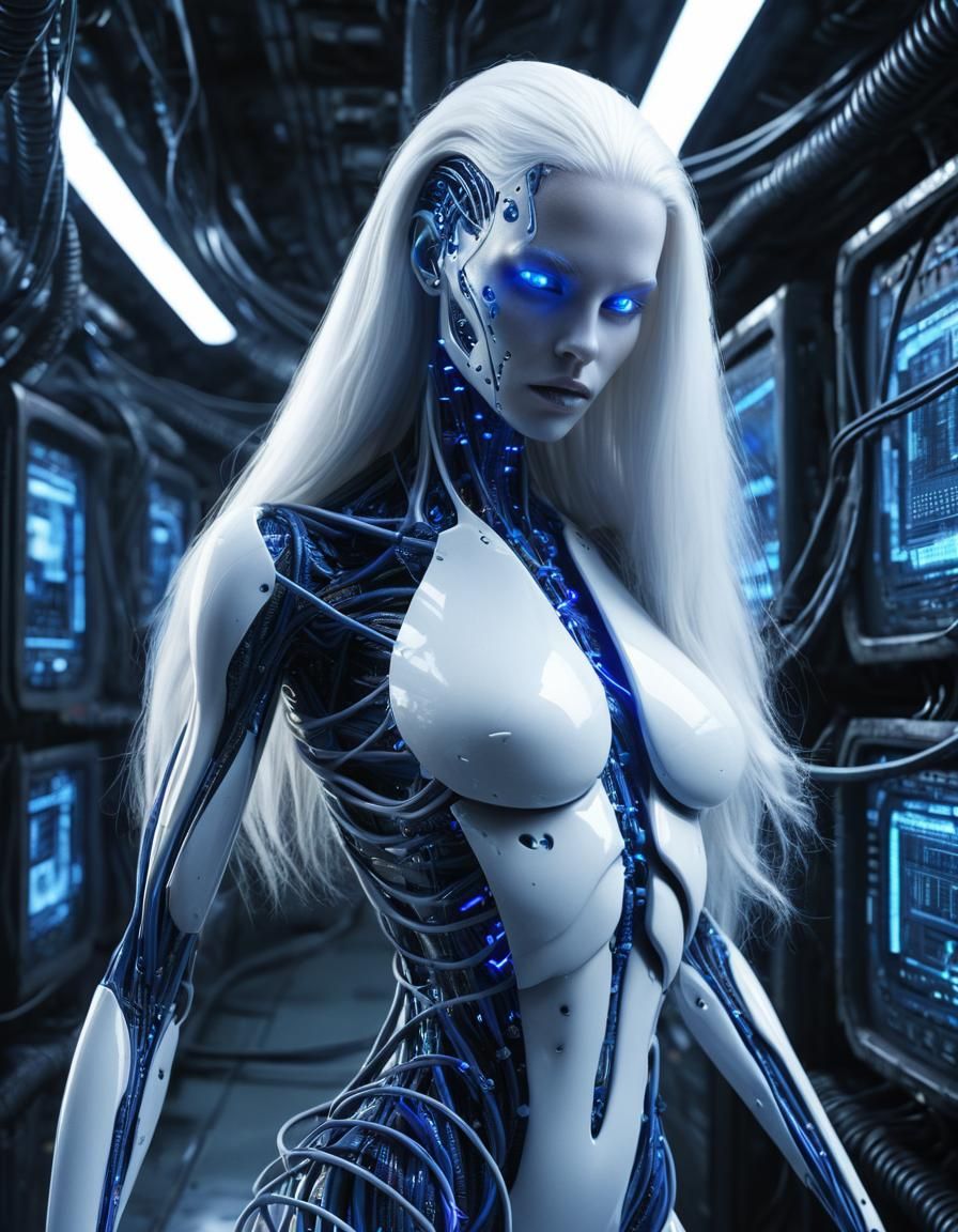Android Supermodel in Dystopian Cyberpunk Setting