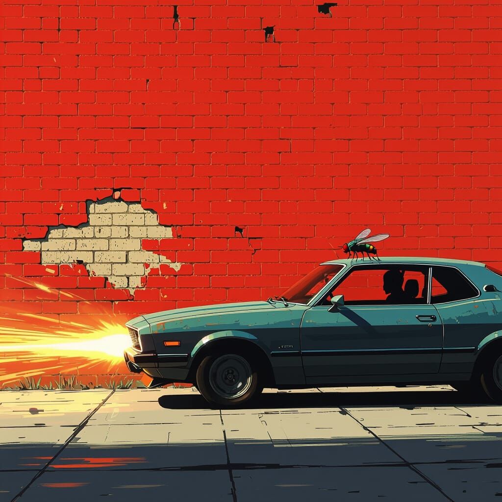 Car Hurtling Towards Brick Wall in Dystopian Style