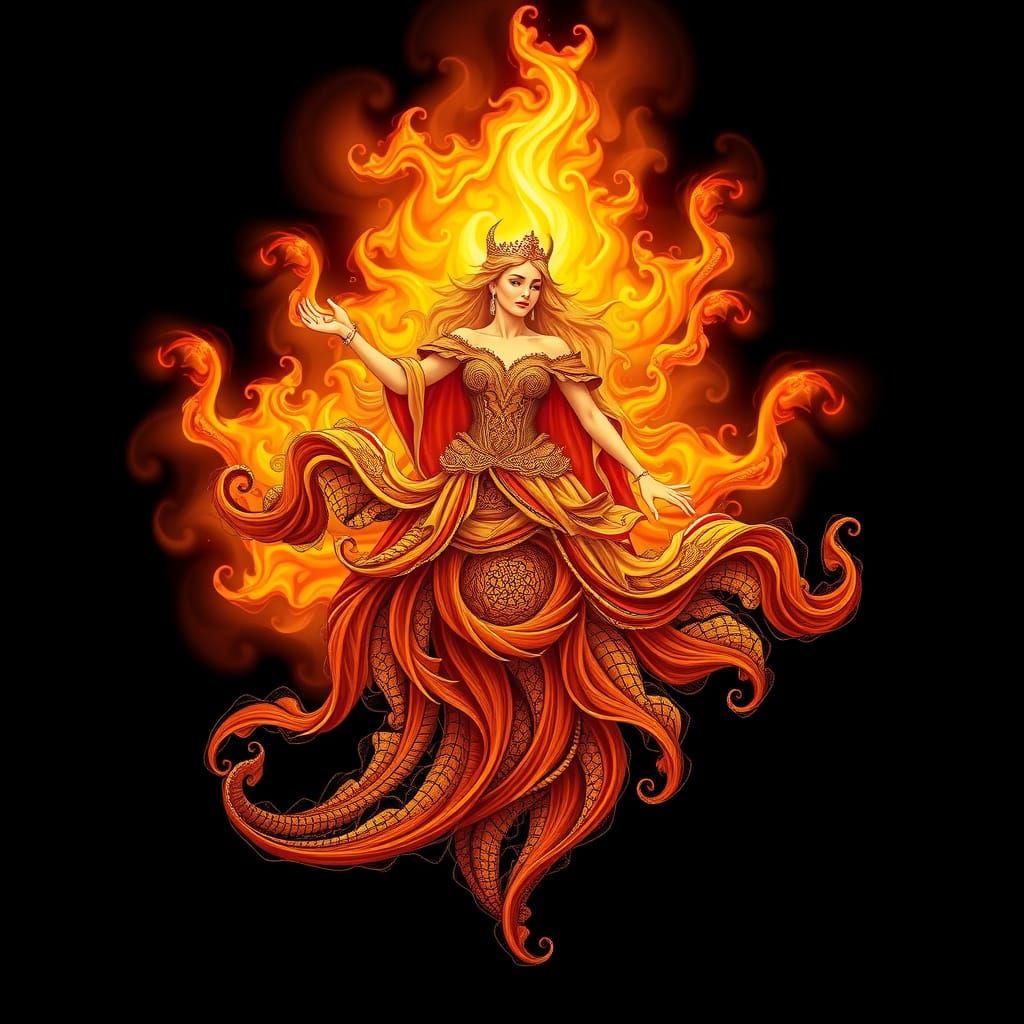Mystical Fire Princess in Vibrant Fractal Shading