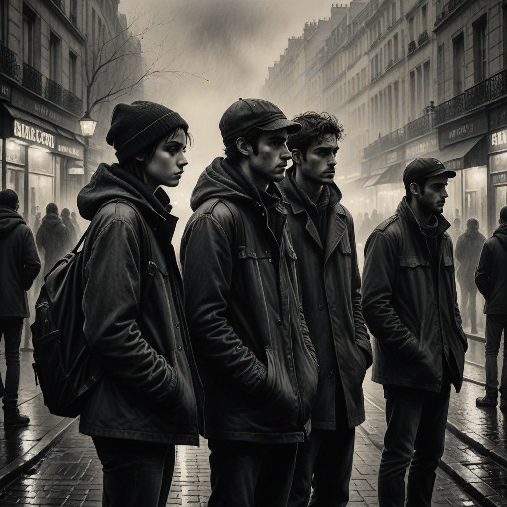 Young Figures in Moody Parisian Fog