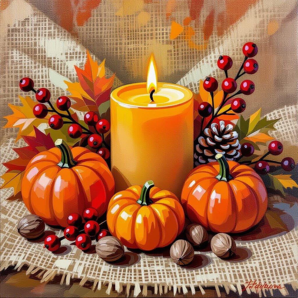 Warm Autumn Candle Arrangement with Pumpkins in Neo-Impressi...
