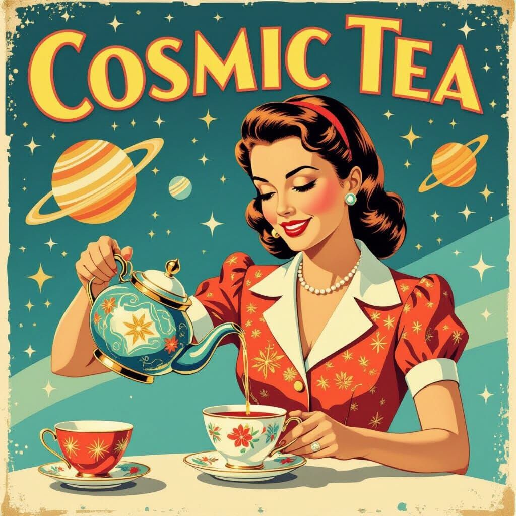 Vintage Cosmic Tea Ad with 1950s Woman in Space