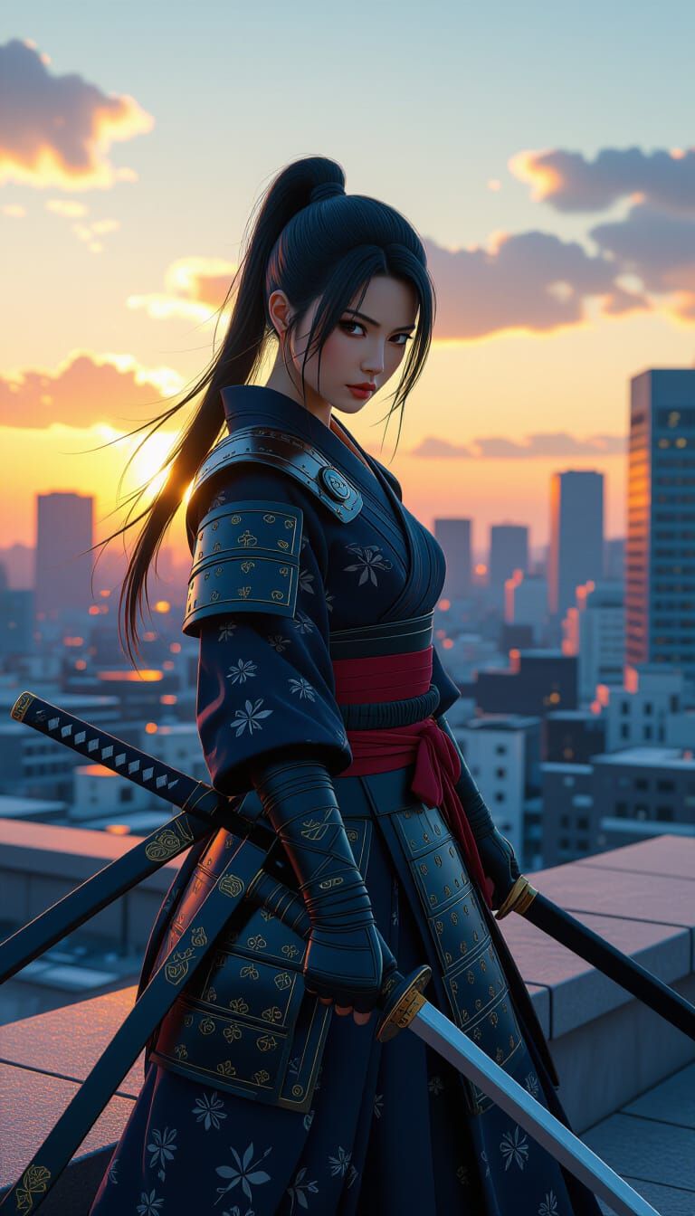 Ninja Woman with Samurai Sword on Tokyo Rooftop