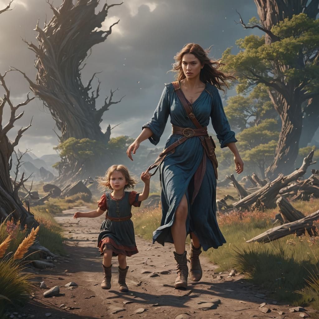 Mother and Child in Powerful Wind, Matte Painting