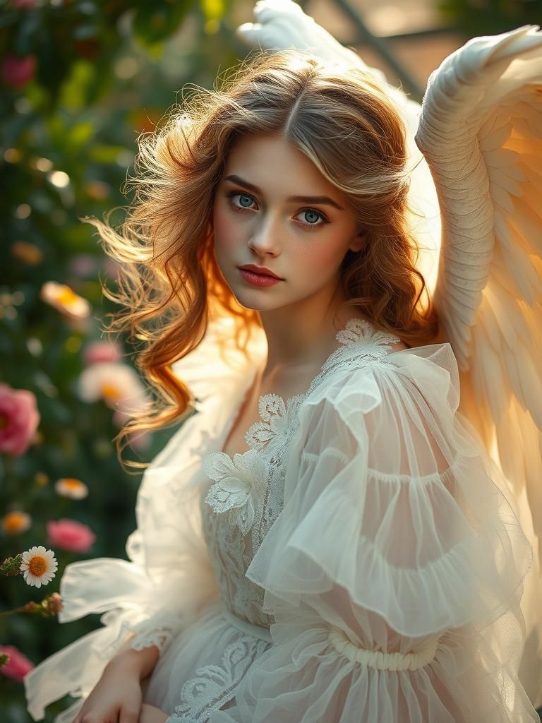 Ethereal Angel in Victorian Garden, Pre-Raphaelite Style