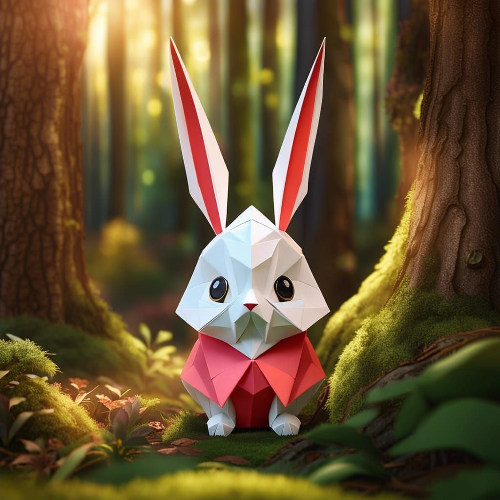 Origami Rabbit with Realistic Eyes in Natural Light