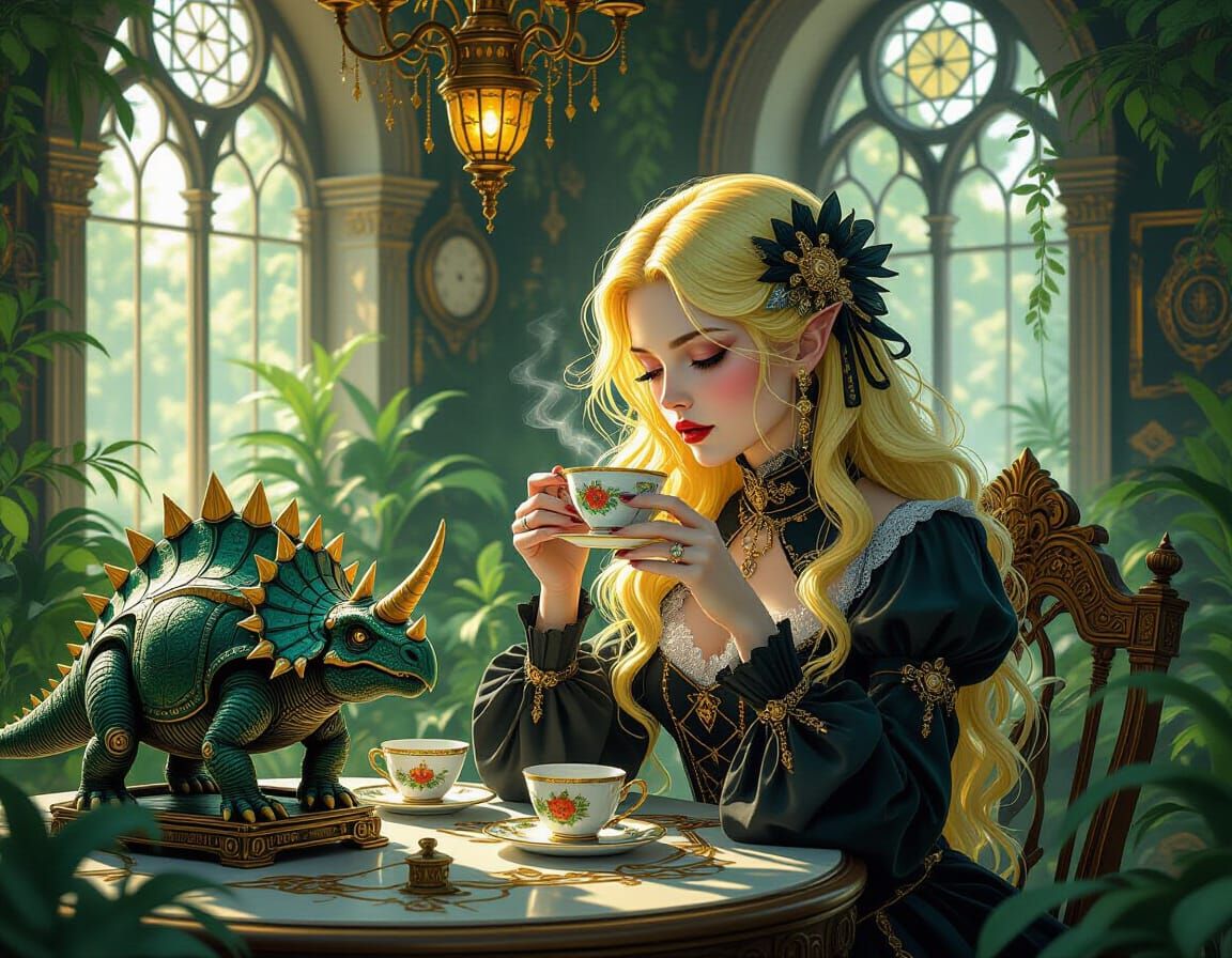 Gothic Artificer in Bioluminescent Jurassic Tea Room