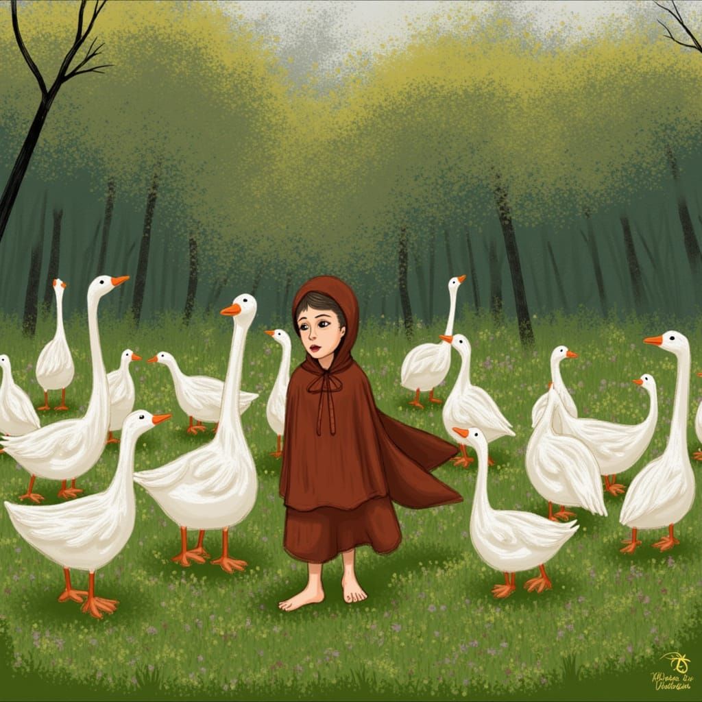 Goose Guardian in Whimsical Painterly Style