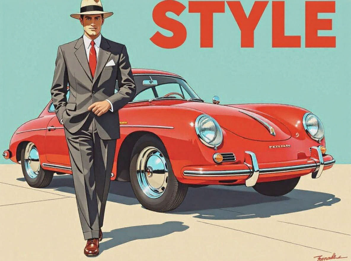 Man and Porsche in Ed Ruscha Pop Art Style