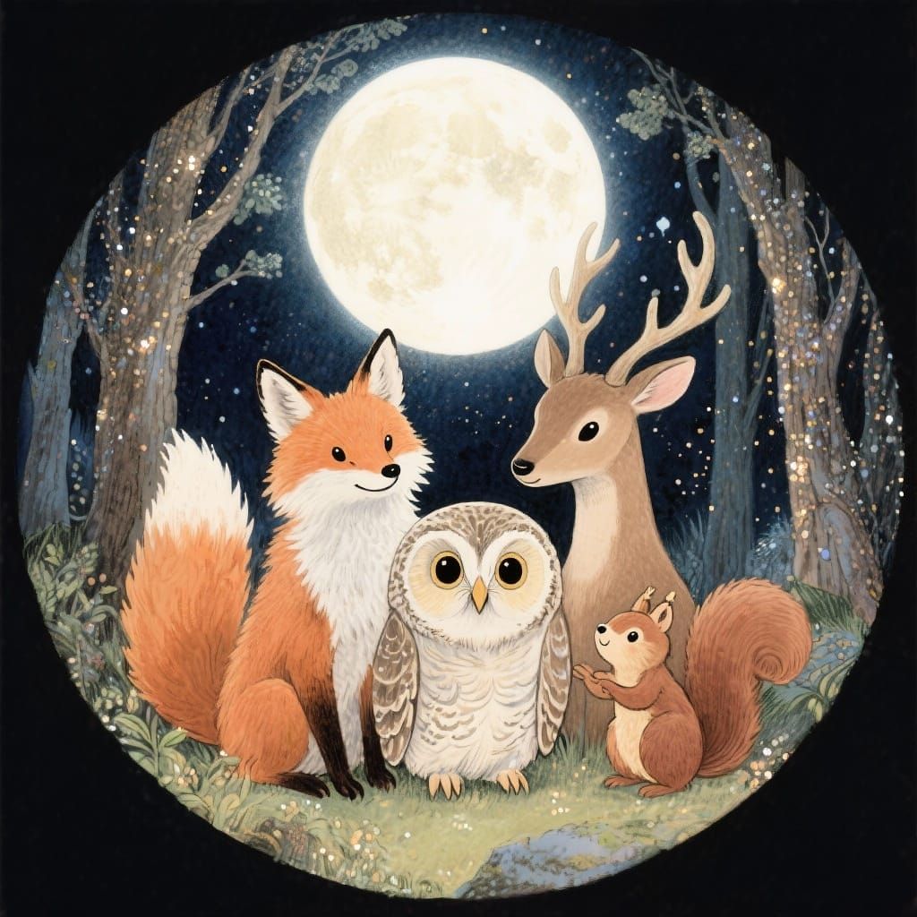 Whimsical Woodland Animals Under Glowing Moon