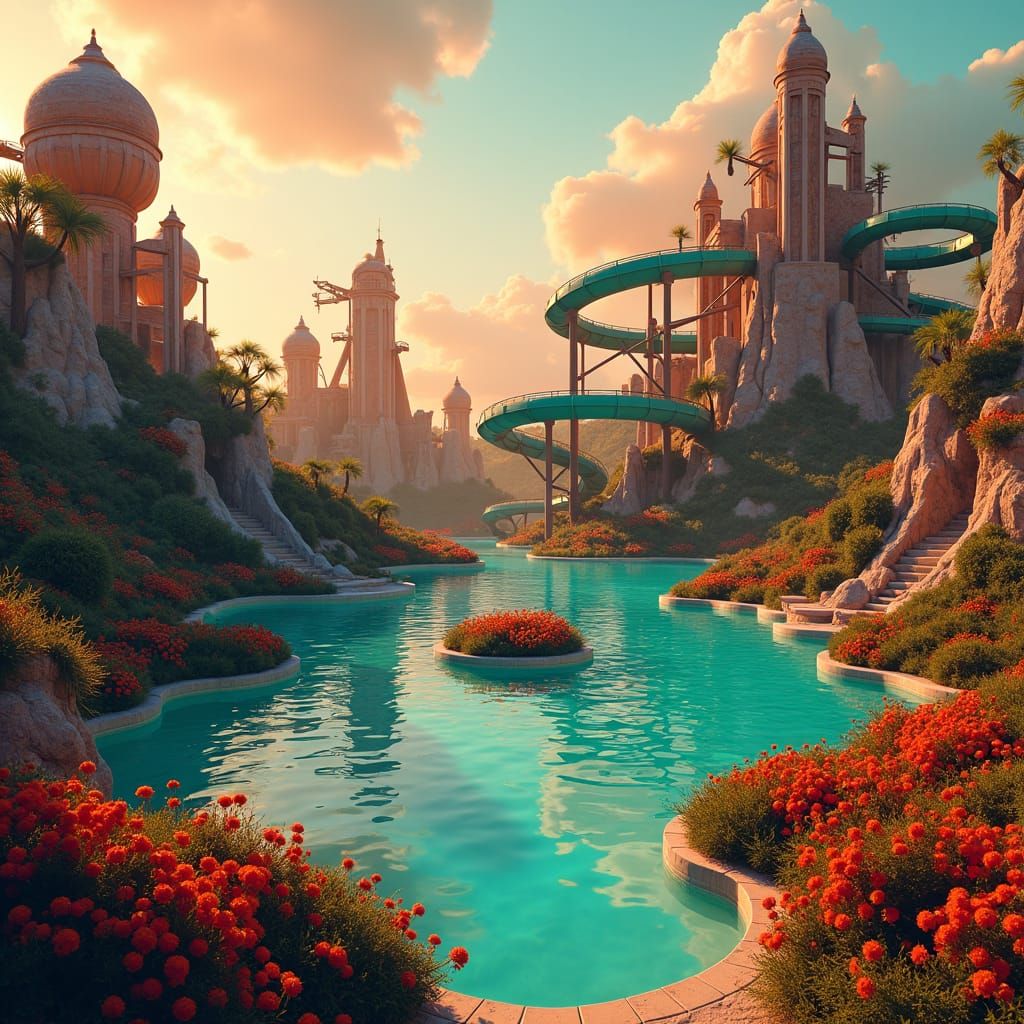 Abandoned Waterpark Reclaimed by Nature in Dreamlike Sunset