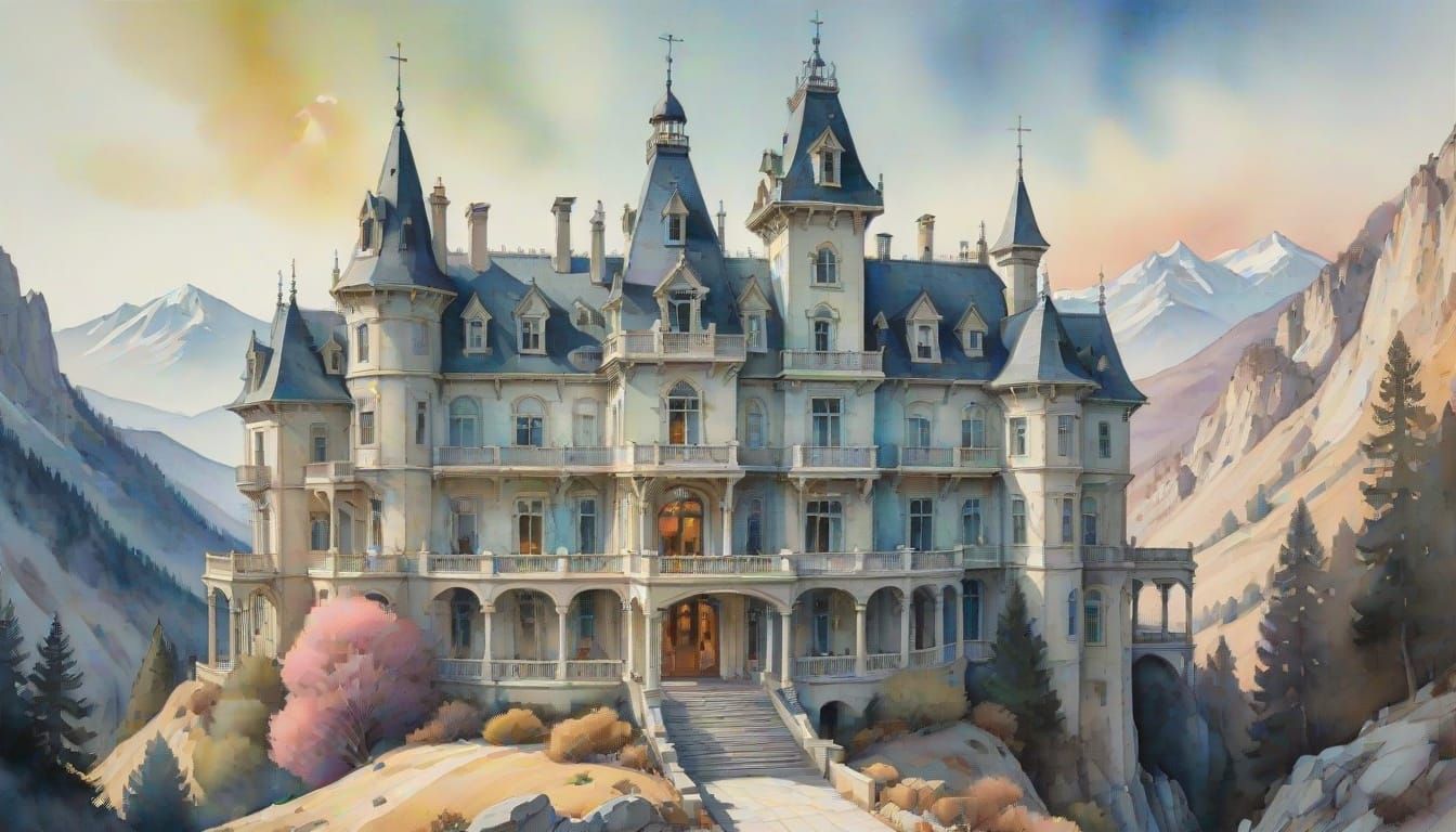 Horrific Mansion on Mountaintop in Watercolor Style