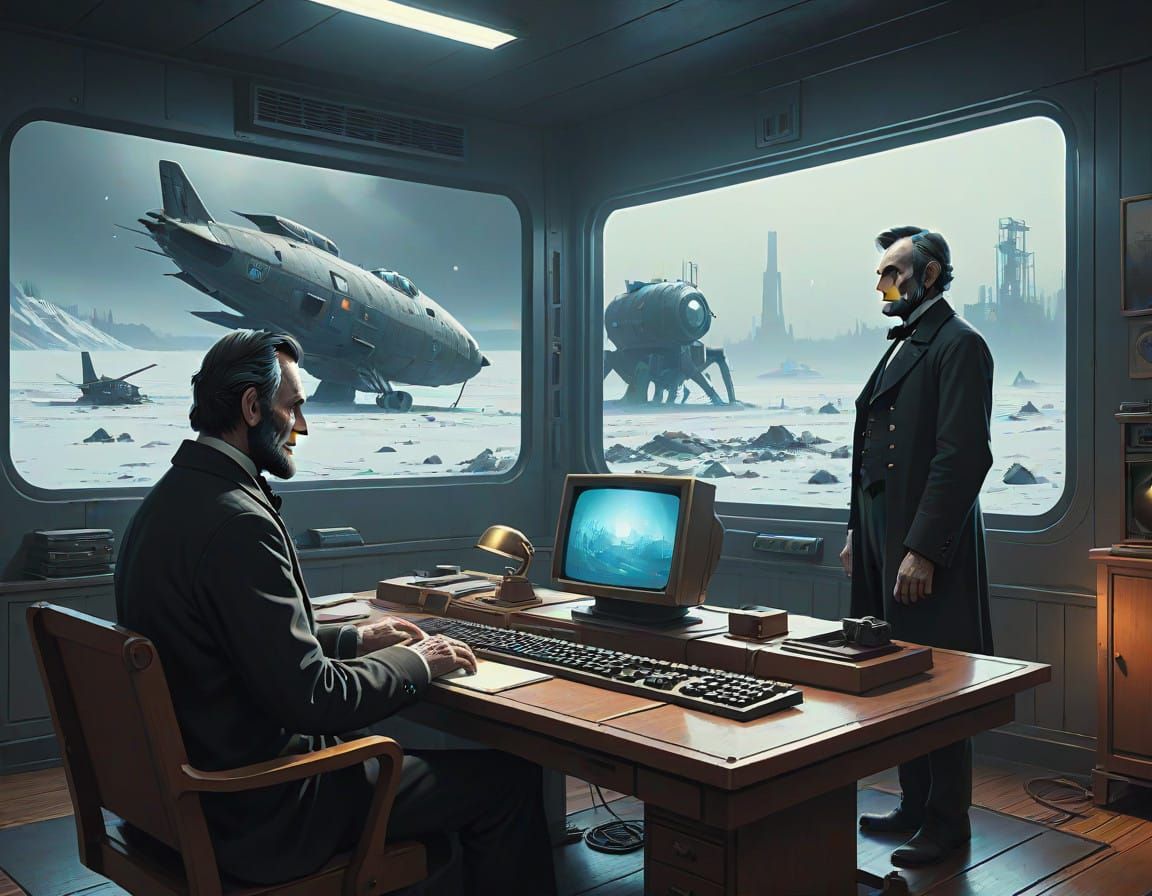 Historical Figures Marvel at Modern Technology in a Futurist...