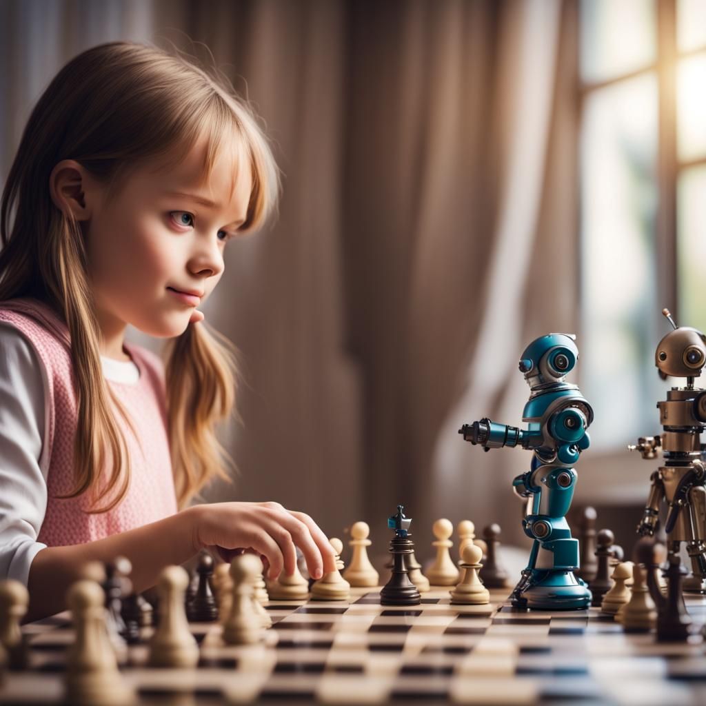 Girl Plays Chess with Robot: Professional Photography