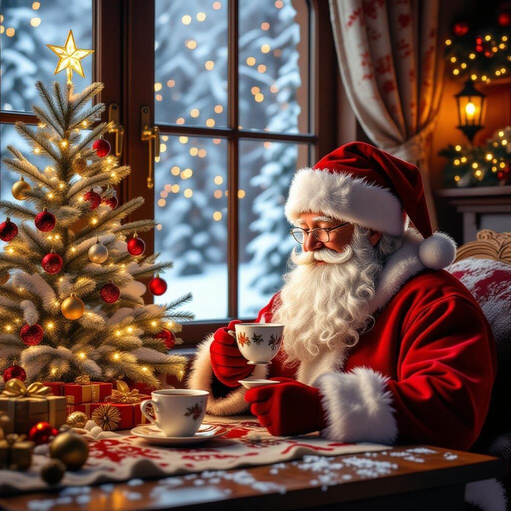 Father Christmas Sips Tea by a Decorated Tree
