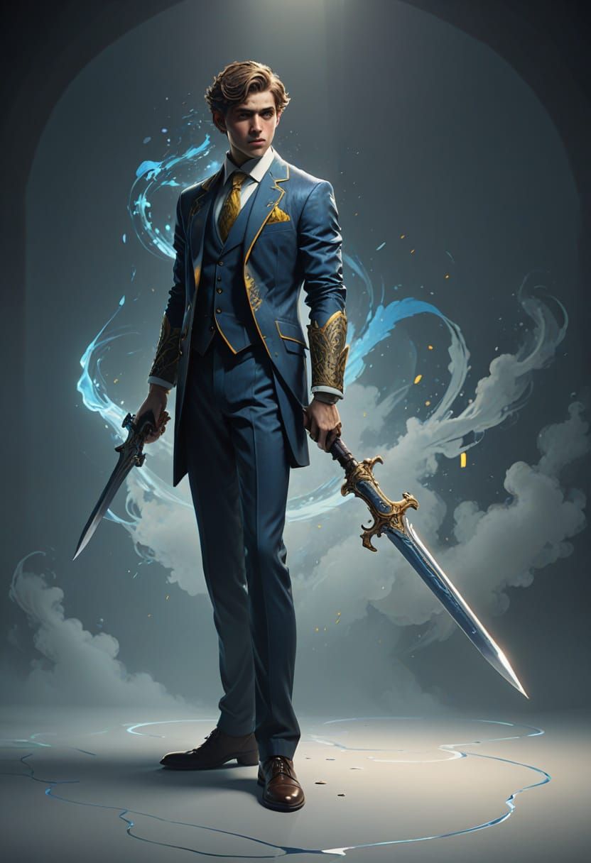 Twink Accountant Wields Sword in Futuristic Office